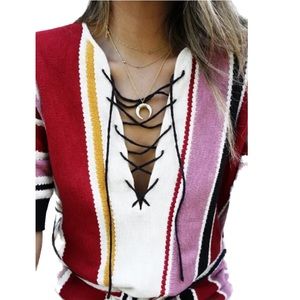 Seventies Plunging Lettuce Hemmed Corset Tie Cotton Knit Mini Dress in Sunset S